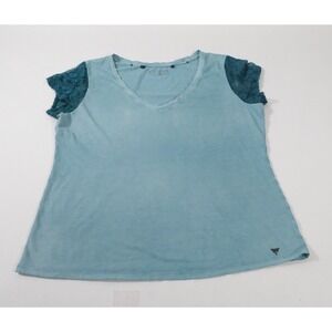 Guess Top Womens XL Blue Los Angeles Lace Cap Sleeve V-Neck Rhinestone Logo Tee